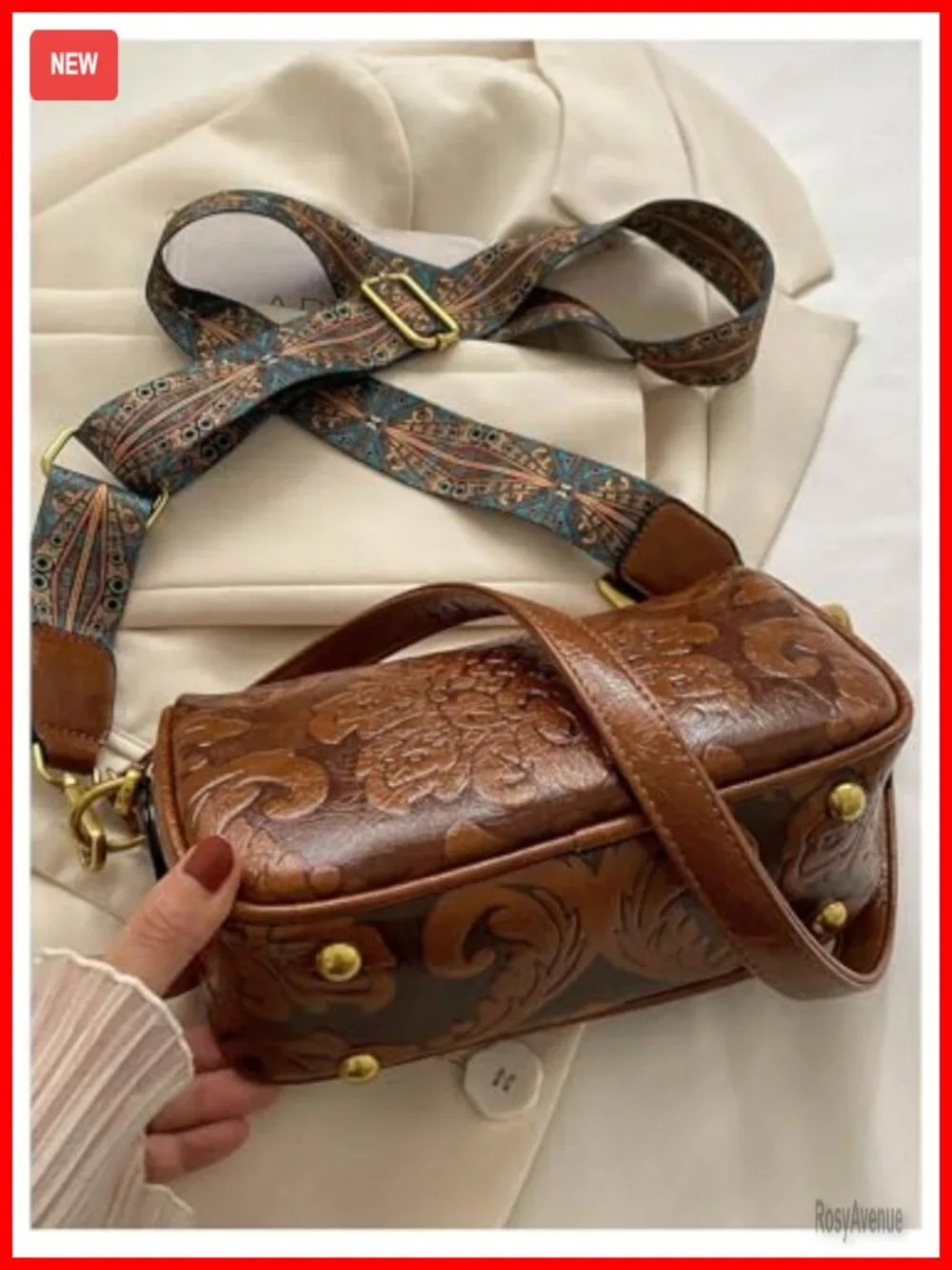 Vintage Western Floral Tooled Leather Crossbody Hobo Purse