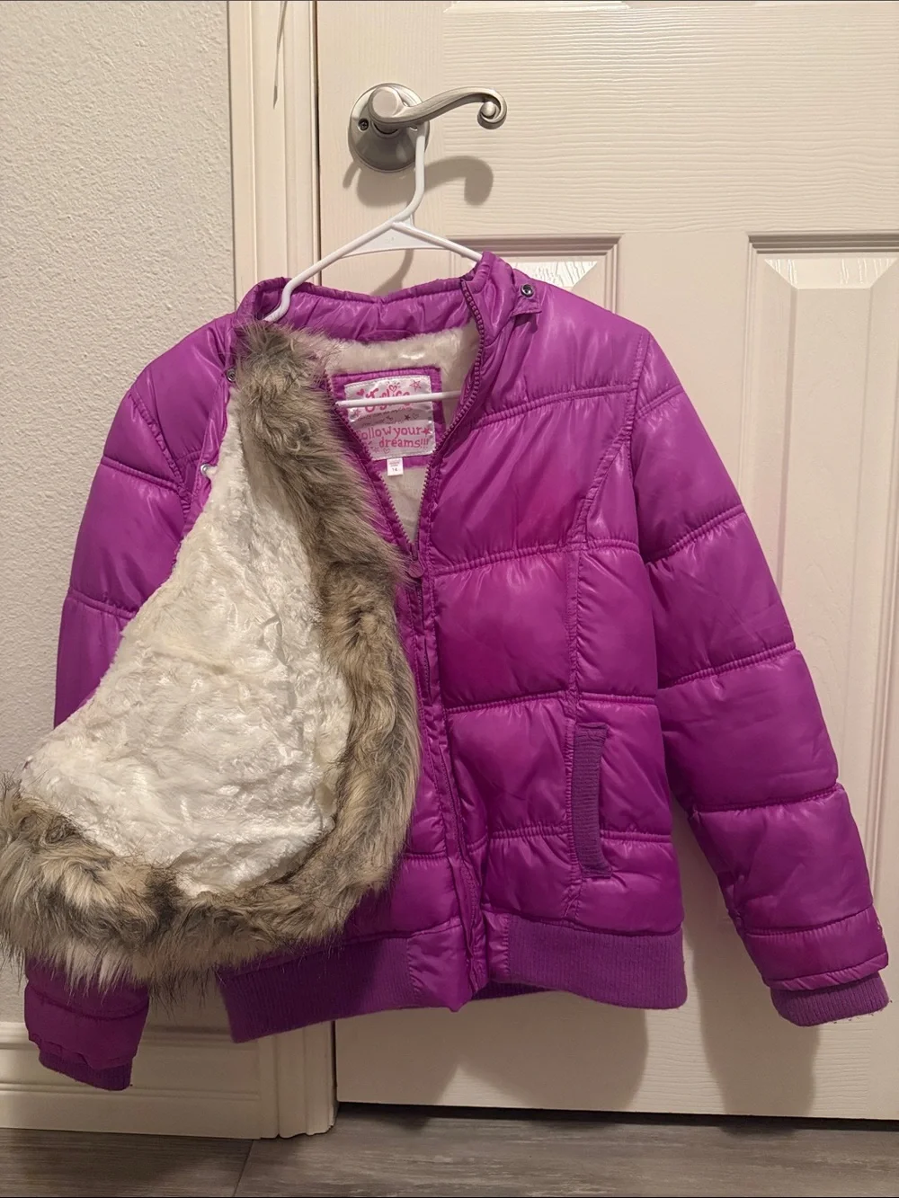 Justice Purple Girls' Puffer Jacket with Faux Fur Trim