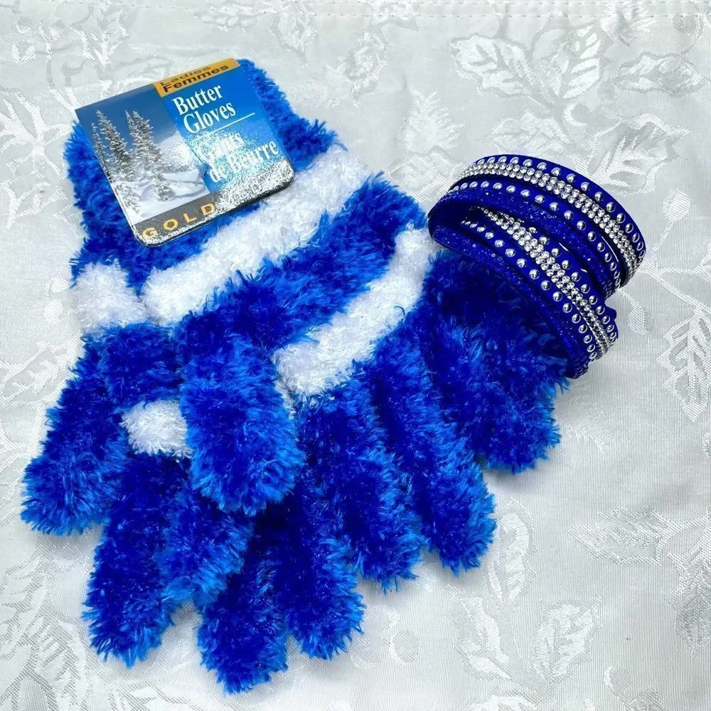 Blue Monday 2-piece Lot: Gold Medal Butter Fuzzy Gloves & Double-wrap Wristband