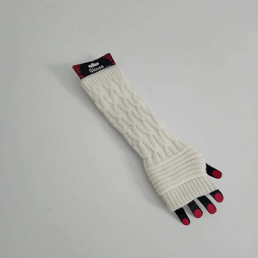 Cable Knit Long Arm Warmers‎ Fingerless Gloves Thumb Hole NEW