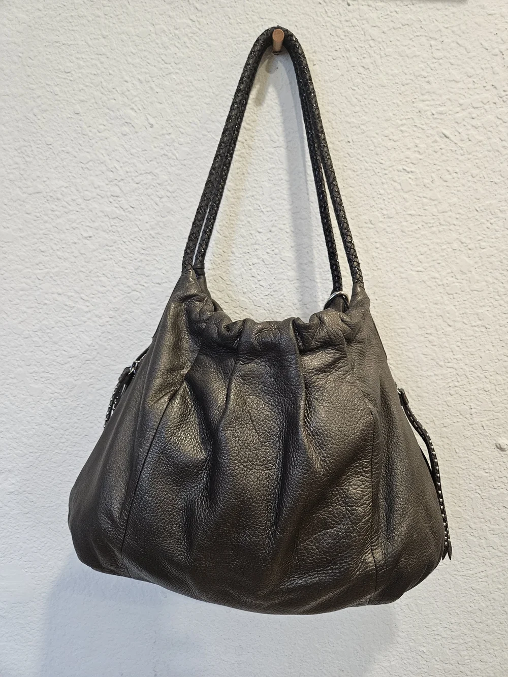 Brighton Greta Garbo Femme Fatale Pewter Studded Leather Slouchy Hobo Bag E84883