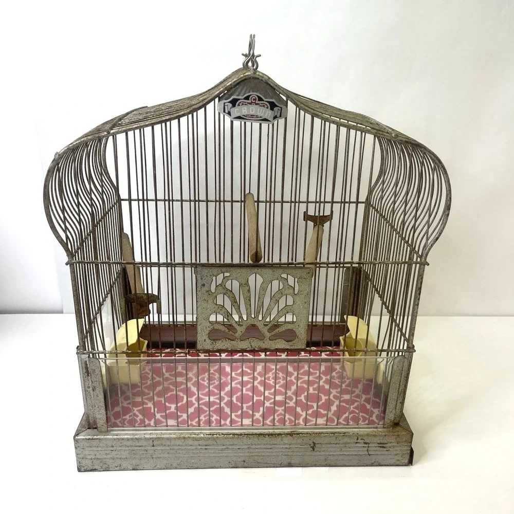 Vintage CROWN‎ Wire Bird Cage w Original Feeder Trays & Slide Tray Hang Hook