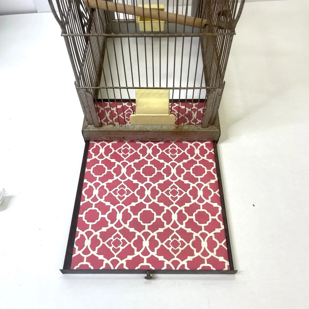 Vintage CROWN‎ Wire Bird Cage w Original Feeder Trays & Slide Tray Hang Hook