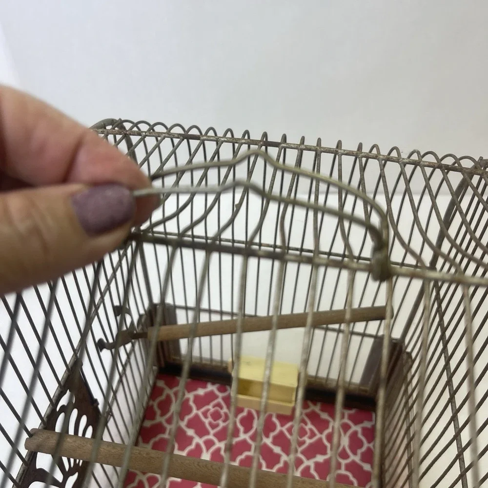 Vintage CROWN‎ Wire Bird Cage w Original Feeder Trays & Slide Tray Hang Hook