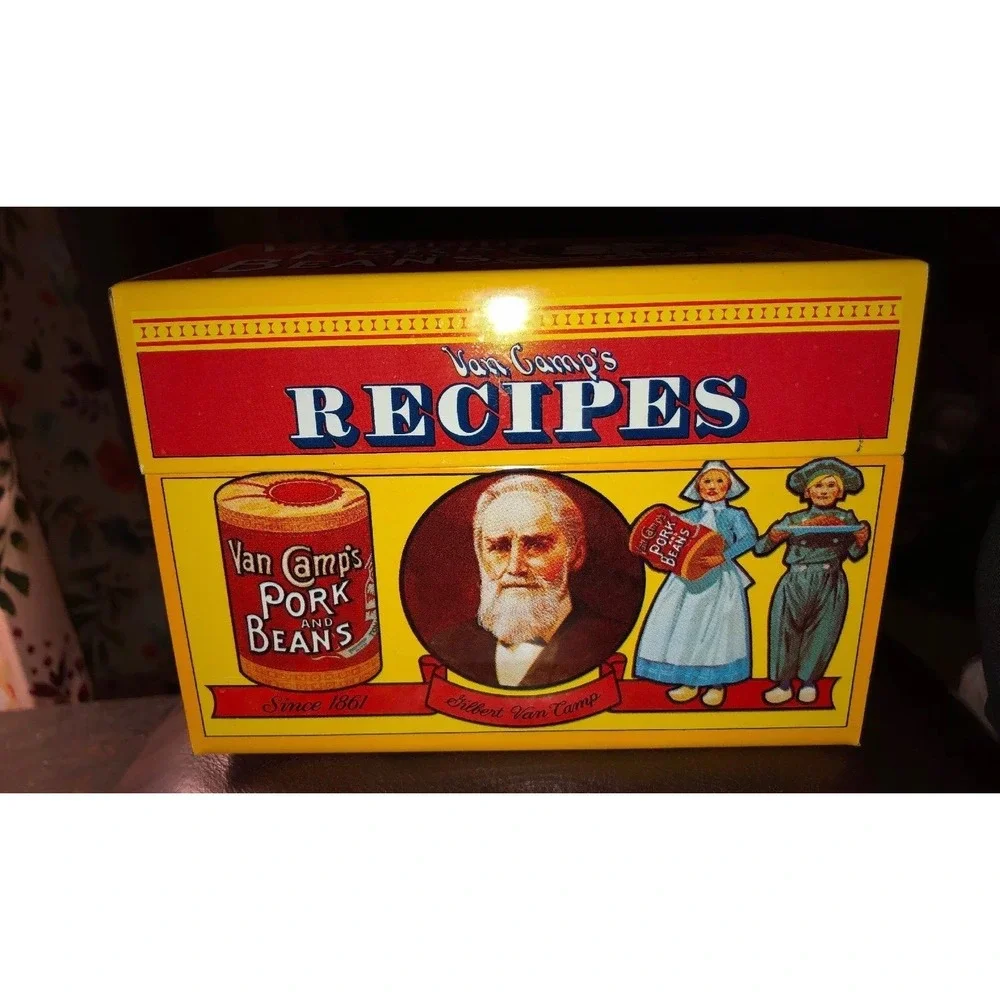 Vintage 1986 Van Camps Pork and Beans Recipe Box Tin‎ w Hinged Lid Yellow