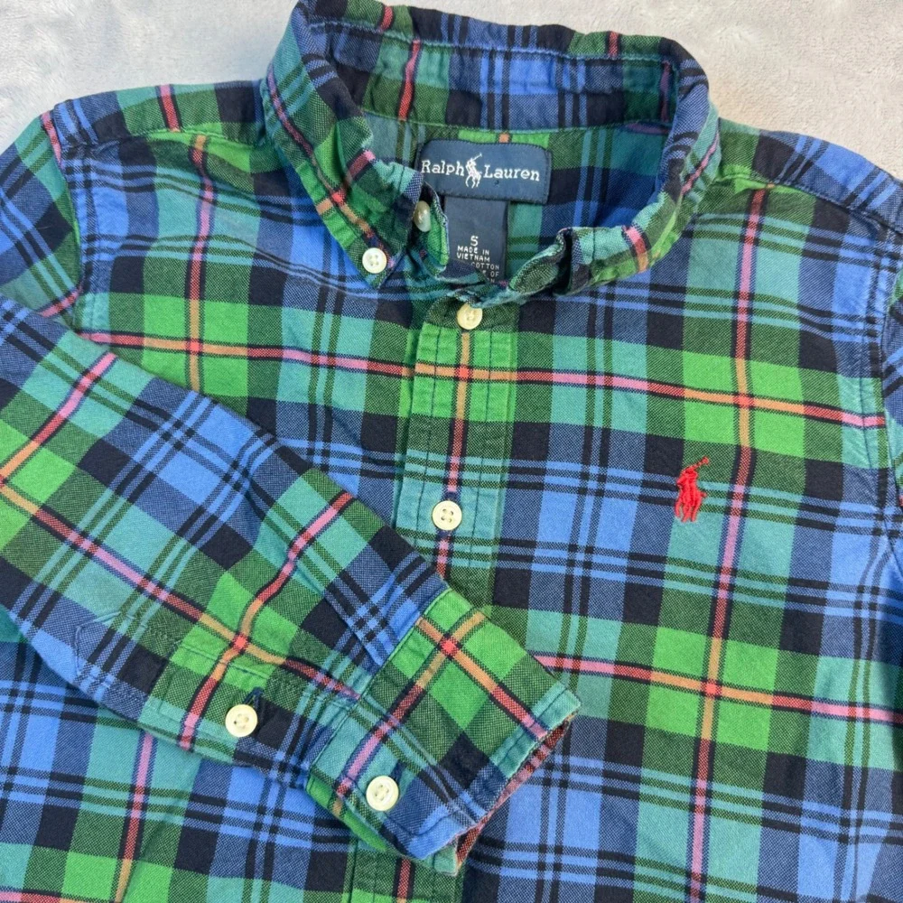 Ralph Lauren Button Down Shirt Boys Size Small Blue & Green‎ Plaid L/S