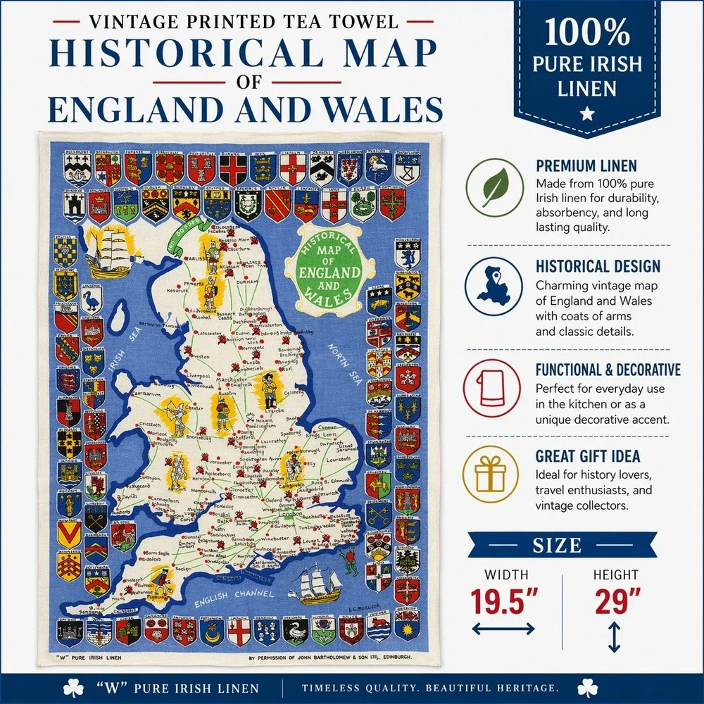Vtg‎ Pure Irish Linen Tea Towel Historical Map of England and Wales LG Bullock
