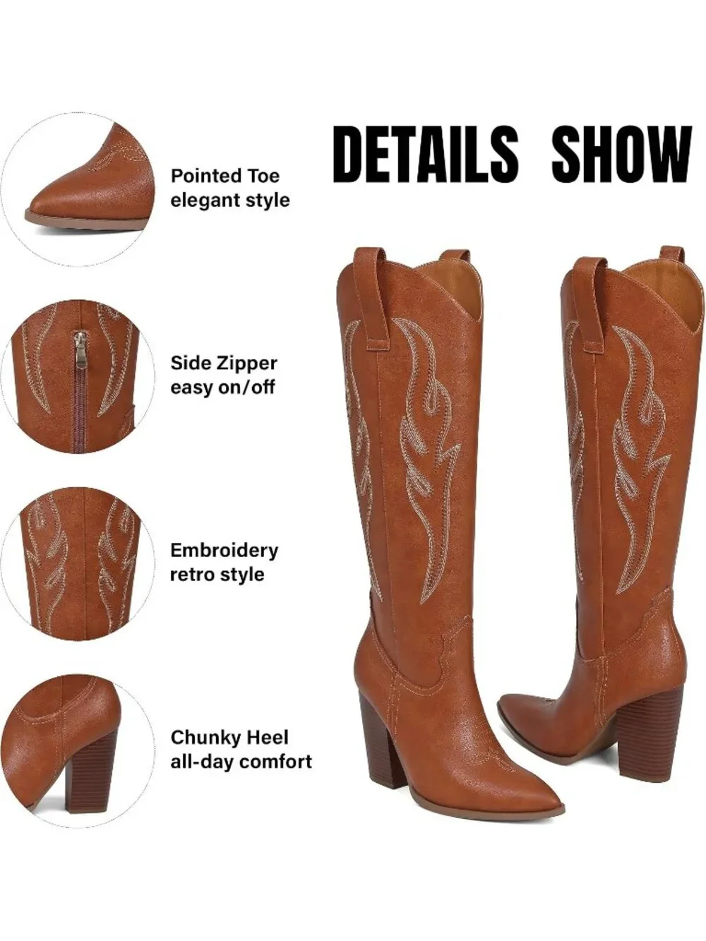 Women's Brown Leather Embroidered Rhinestone Wide Calf Side Zipper Cowgirl Boots