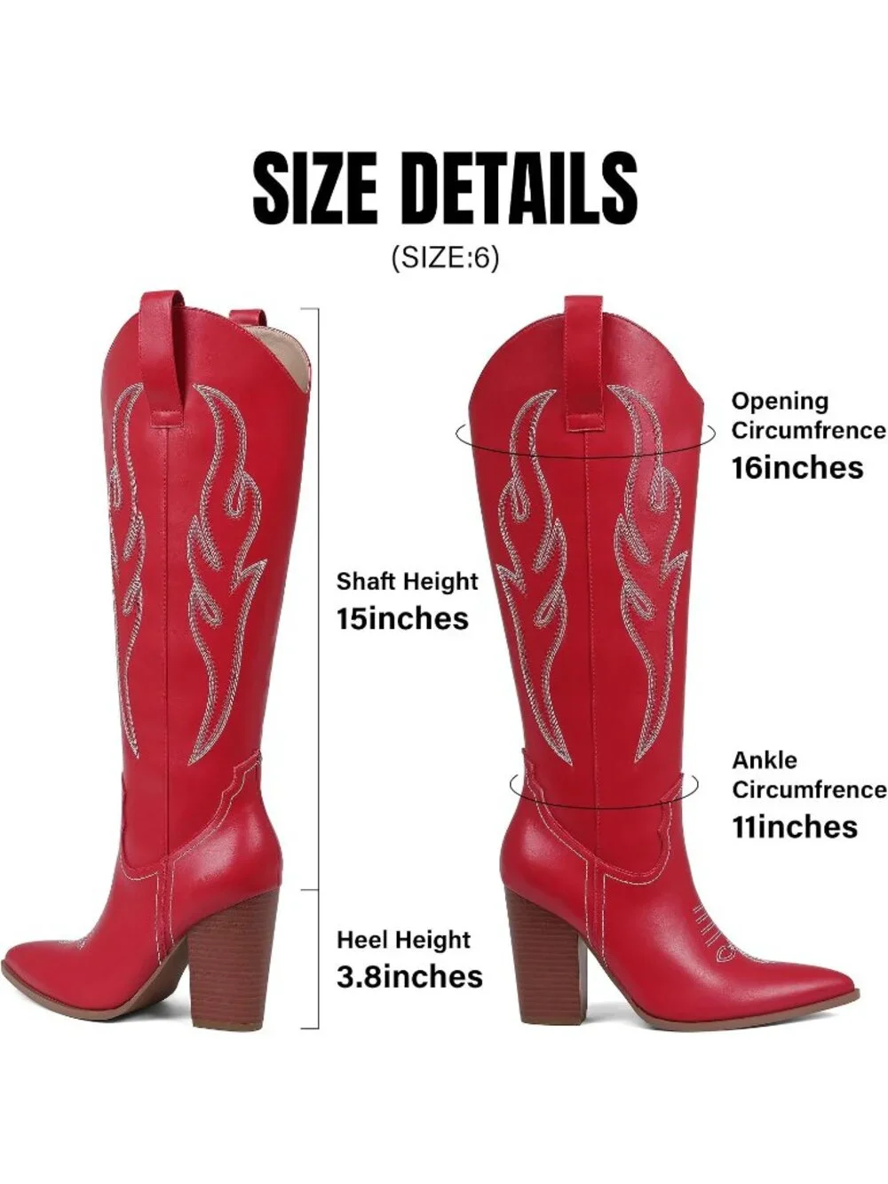 Women's Red Leather Embroidered Rhinestone Wide Calf Side Zipper Cowgirl Boots
