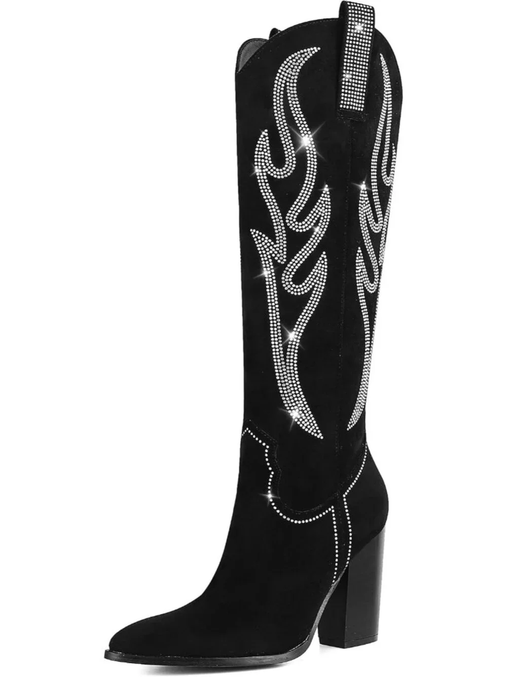 Women's Black Embroidered Rhinestone Wide Calf Side Zipper Western Cowgirl Boots