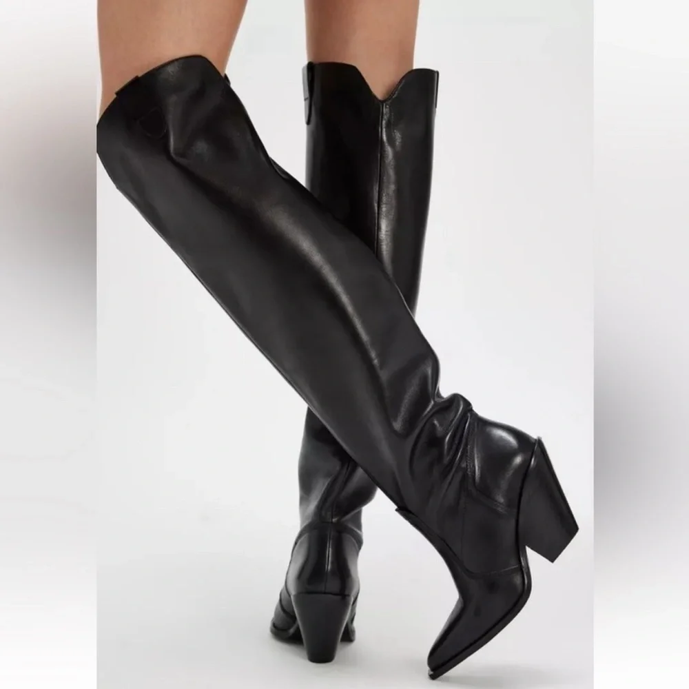 Free People Triple Crown Over The Knee Boot Black Leather Slouchy