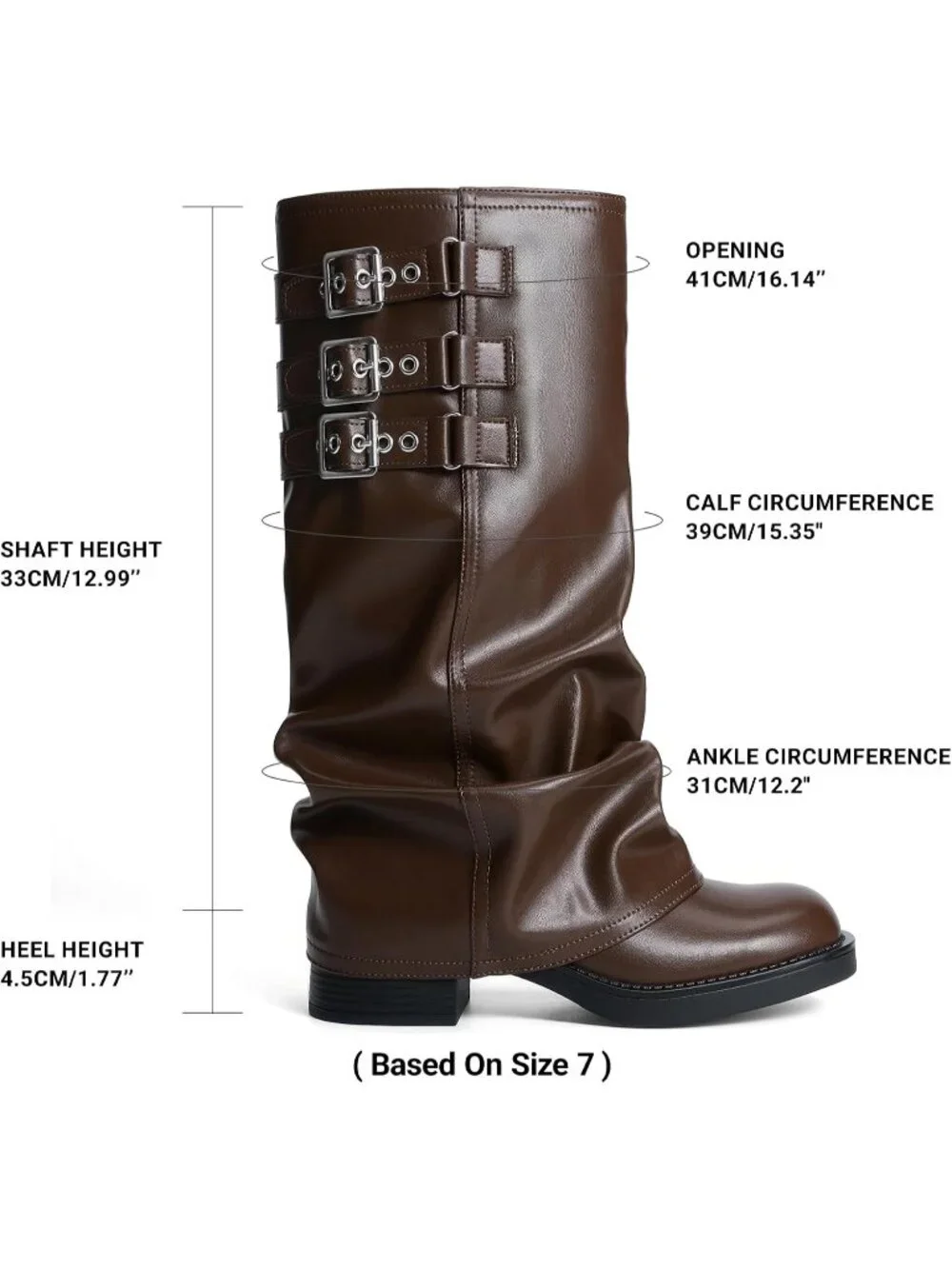 Women's Brown Fashion Adjustable Buckle Low Chunky Heel Comfort Slouchy Boots