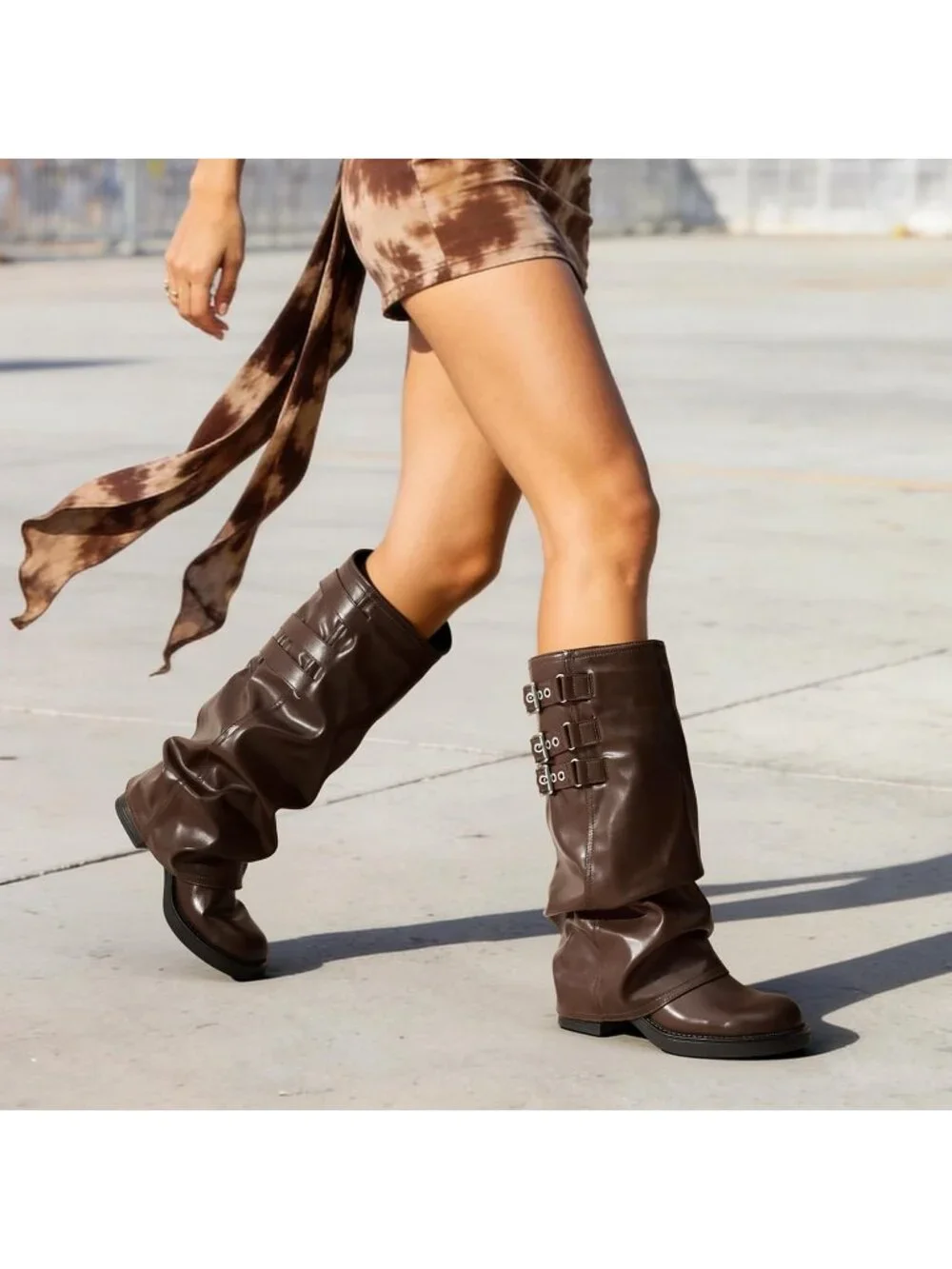 Women's Brown Fashion Adjustable Buckle Low Chunky Heel Comfort Slouchy Boots