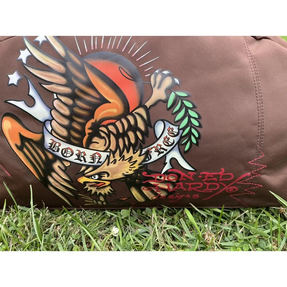 Ed Hardy Born Free Eagle Duffel Gym Bag Brown Tattoo‎ Art Weekender Travel Strap