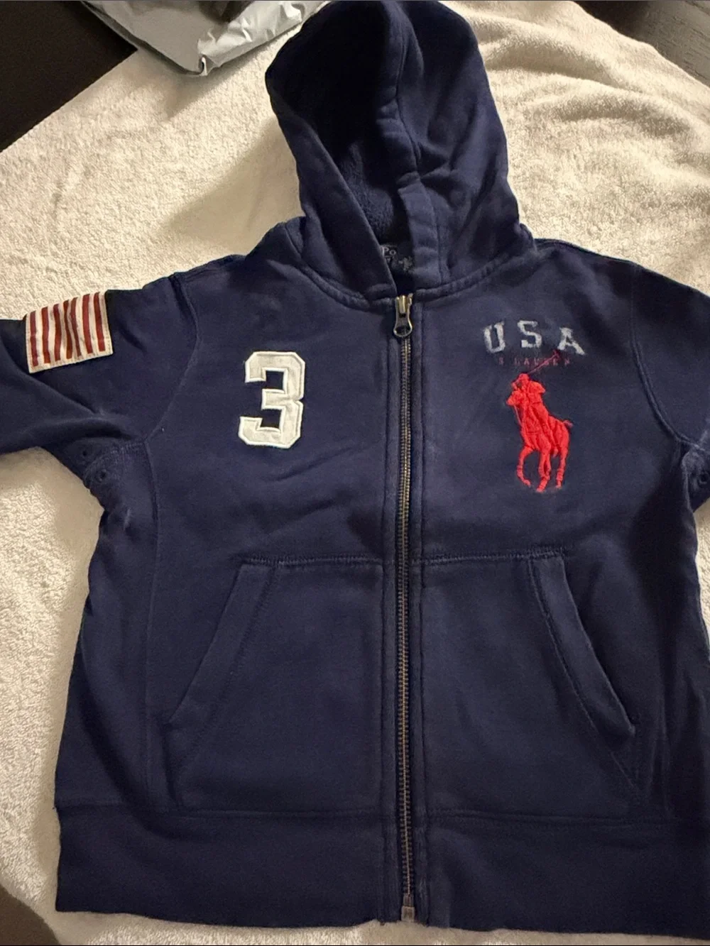 Ralph Lauren Navy Zip-Up Hoodie with Red Pony & USA Patch - Kids
