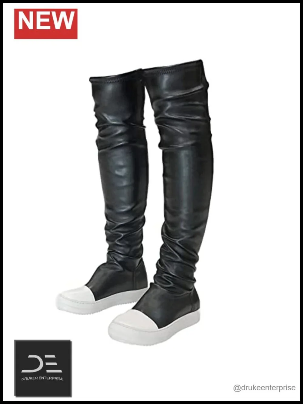 Thigh High Boots for Women Flat Over The Knee Round Toe PU Leather