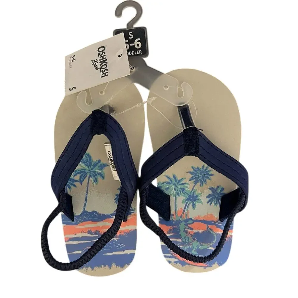 Toddler Boys Oshkosh Flip Flops Blue Grey Palm Tree Ocean Size Small SM 5-6 New