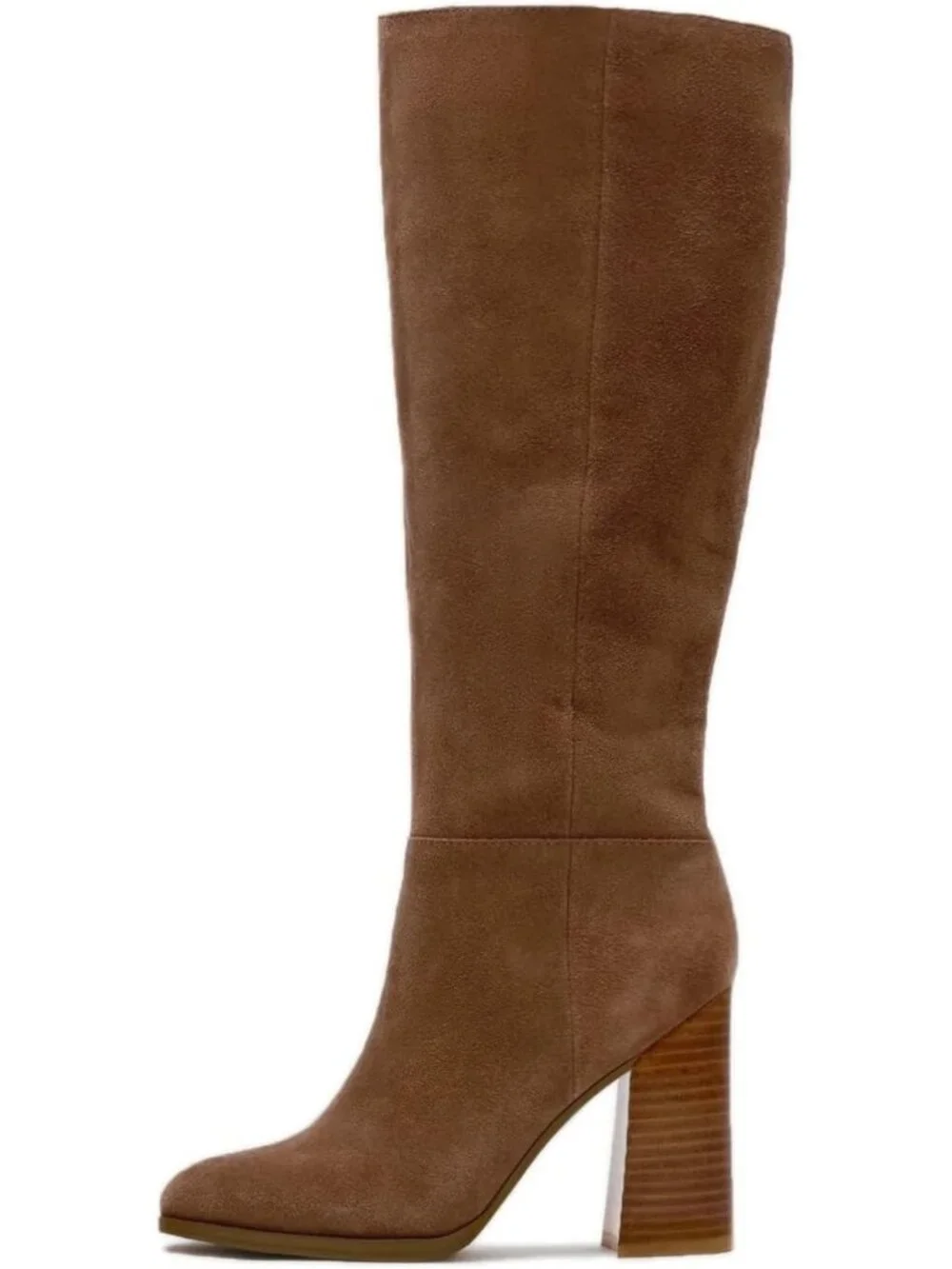 Women's Khaki Chunky Heeled Round Toe Faux Suede Side Zipper Knee High Boots