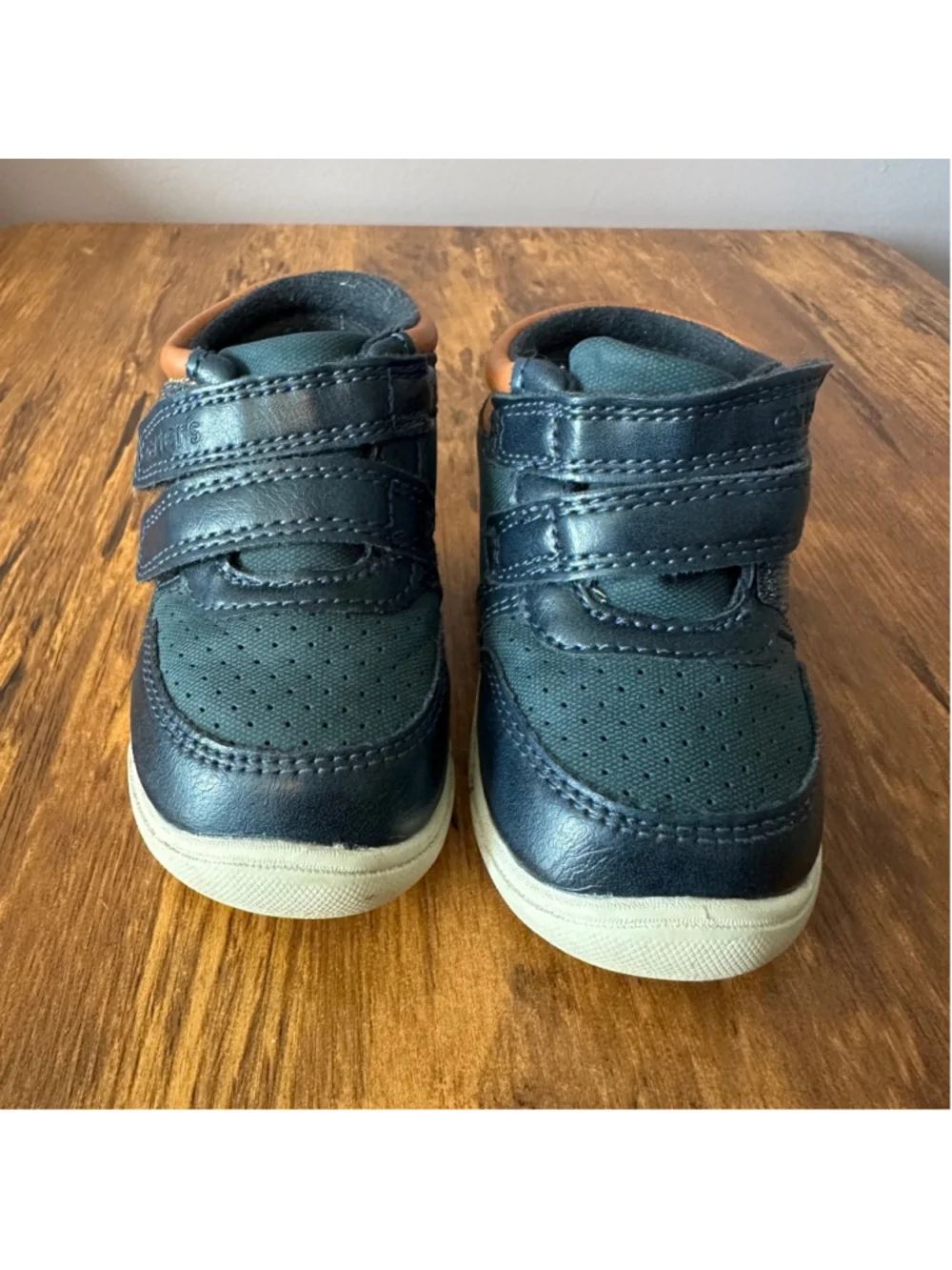 Carter's Walker Shoes Baby Size 4 Navy Brown Hook Loop Sneakers