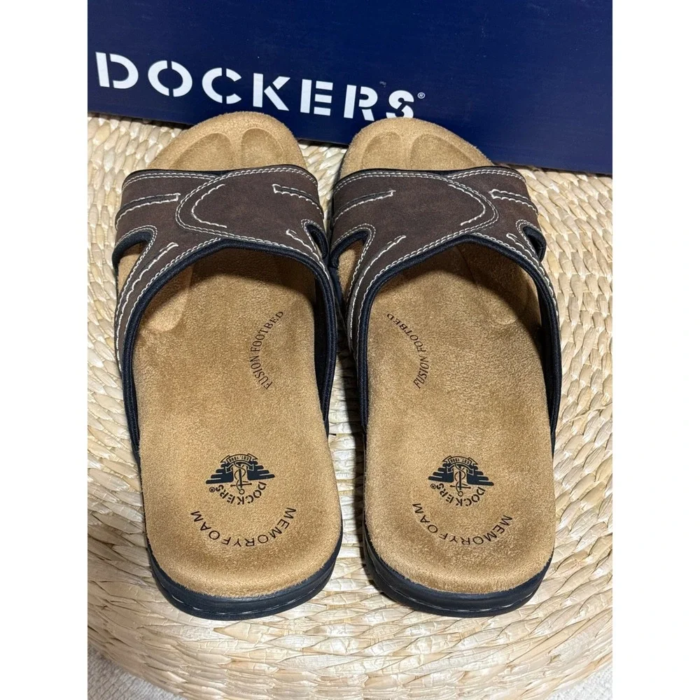 Dockers Sunland Dark Brown Leather Slide Sandals‎ Men's Size 9M Casual Comfort
