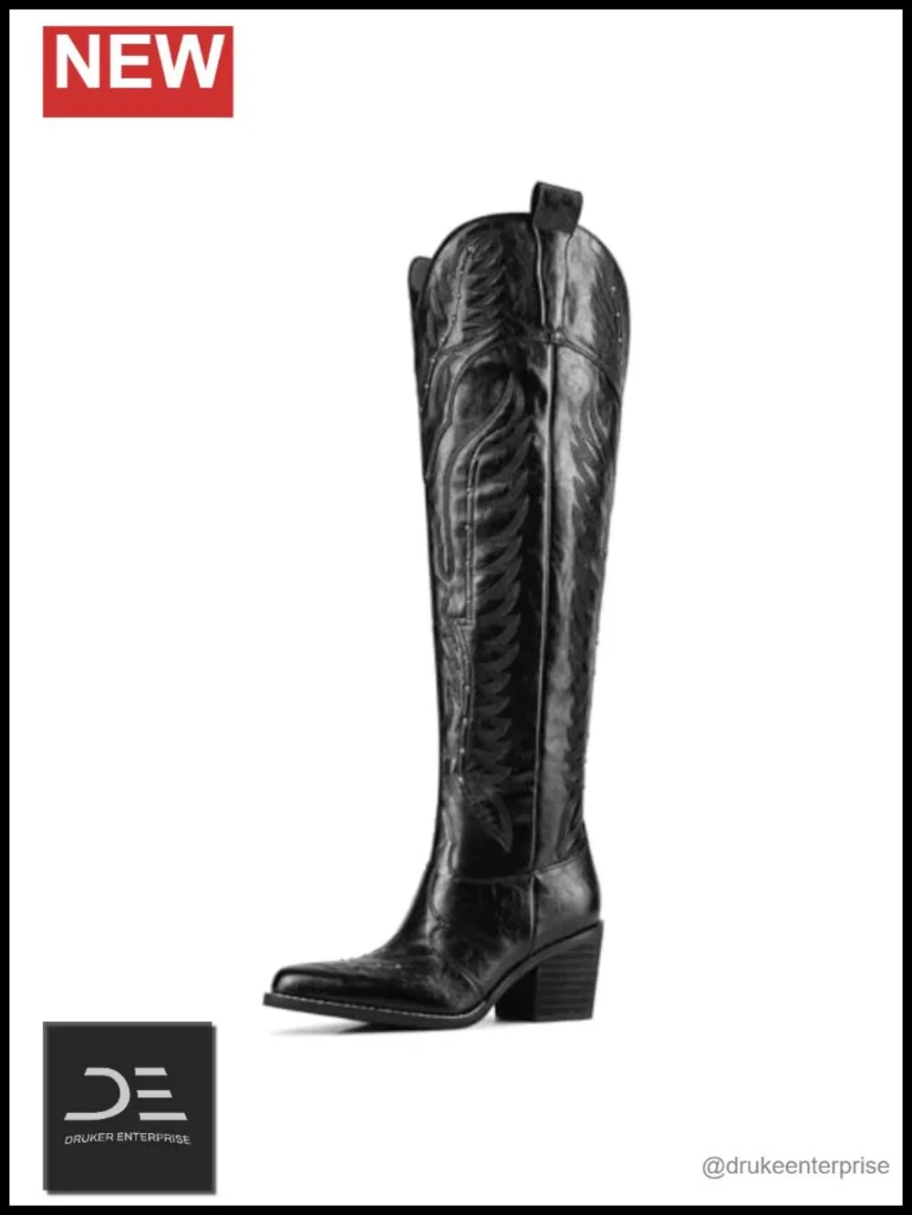 Women's Embroidered Over the Knee Cowboy Boots Wide Calf Chunky Heel Pointed Toe