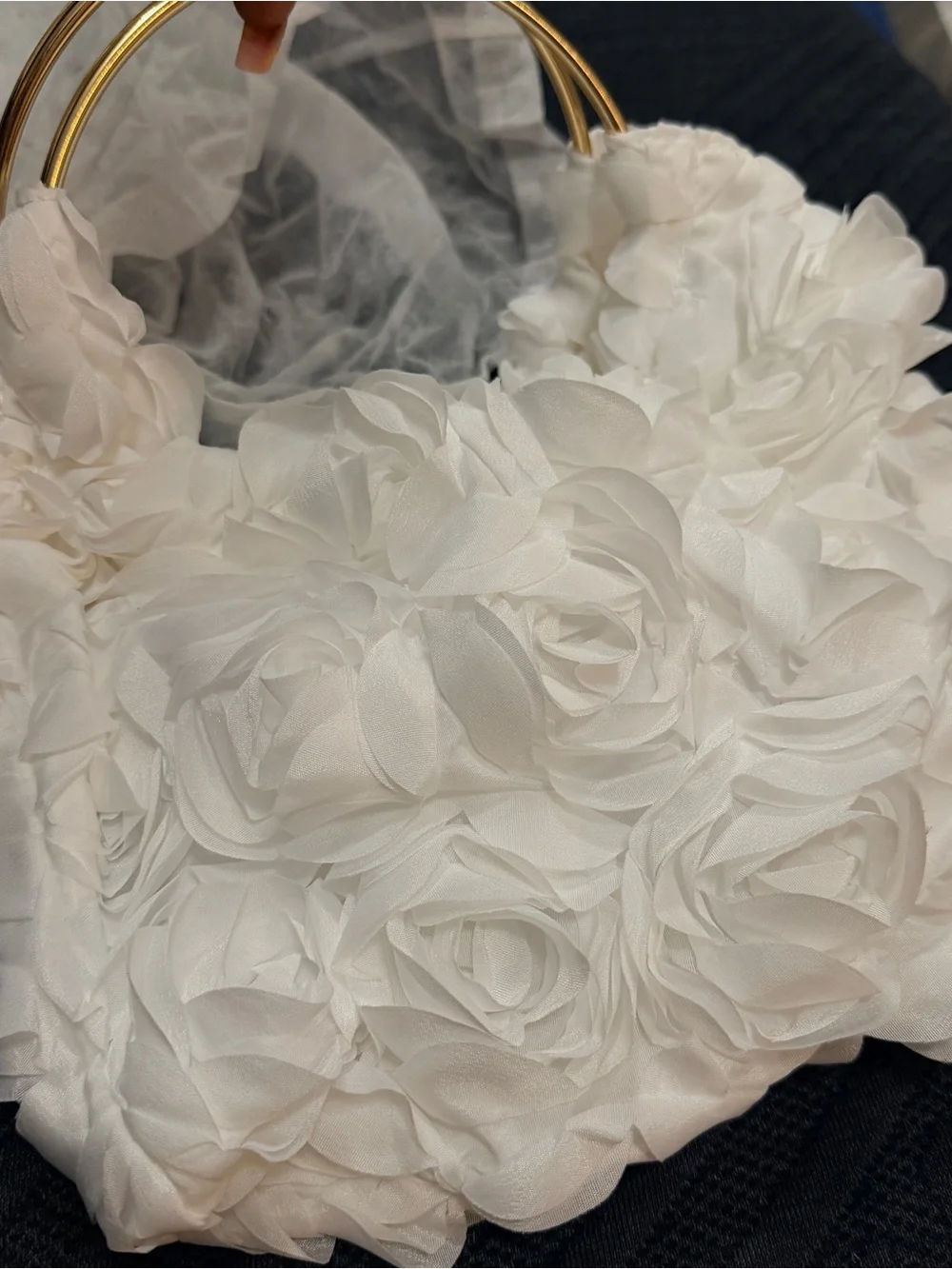 White Floral Accent Handbag with Gold Ring Handles