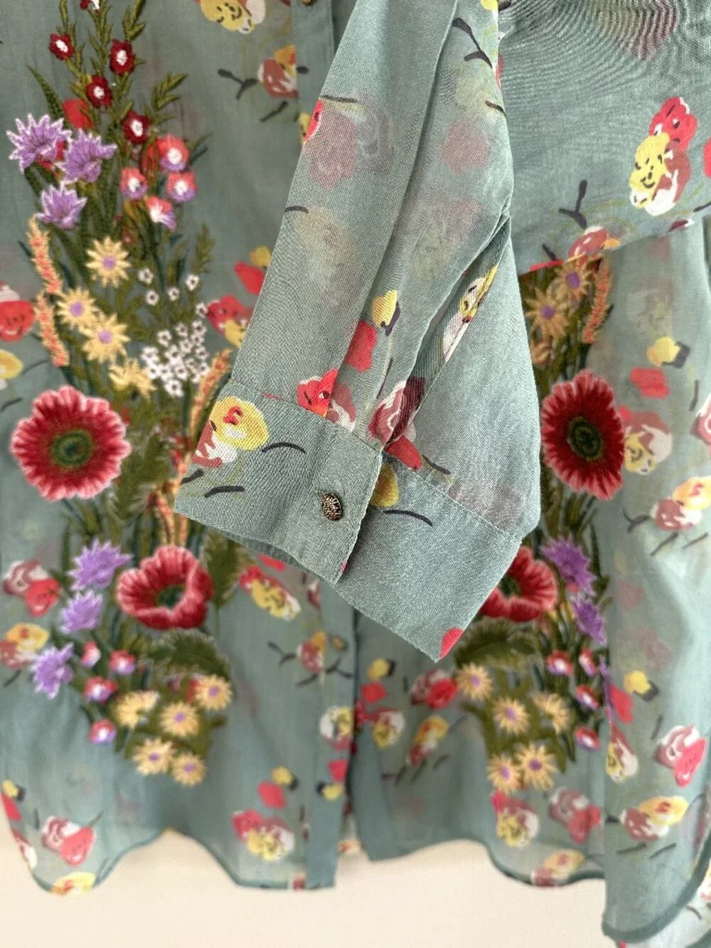 Aratta Silent Journey MIA Grace Floral Embroidered Blouse, S, Green Boho Artsy