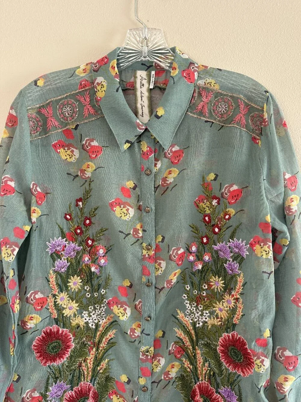 Aratta Silent Journey MIA Grace Floral Embroidered Blouse, S, Green Boho Artsy