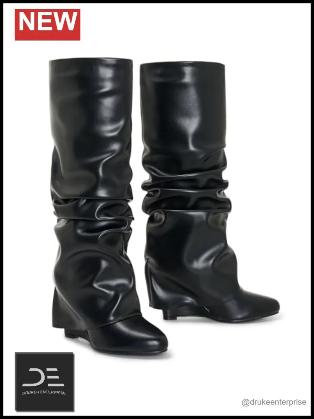 Fold Over Knee High Shark Boots 4-Inch Wedge Heel Pull-On PU Upper