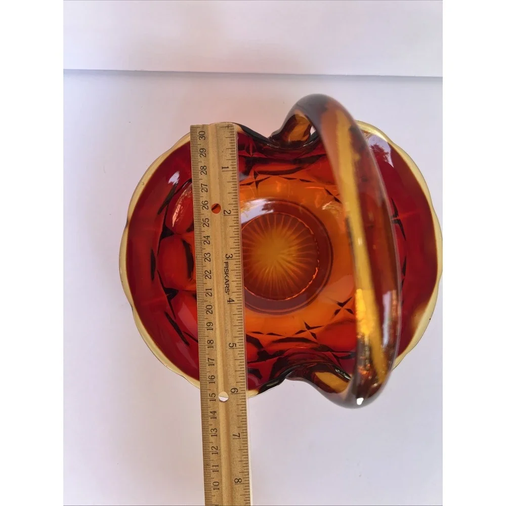 VTG Amberina Glass Basket sunset signed JD artist Jim Dunlavy Red Yellow GLOWS