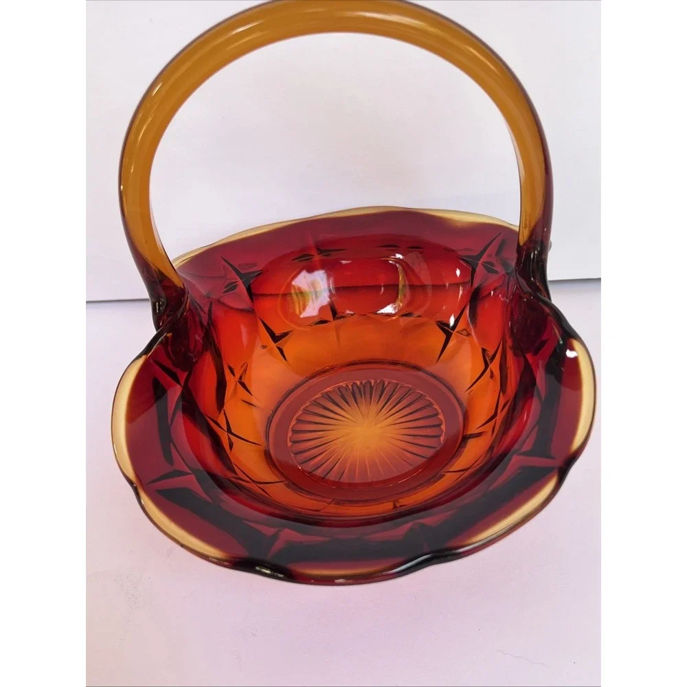 VTG Amberina Glass Basket sunset signed JD artist Jim Dunlavy Red Yellow GLOWS