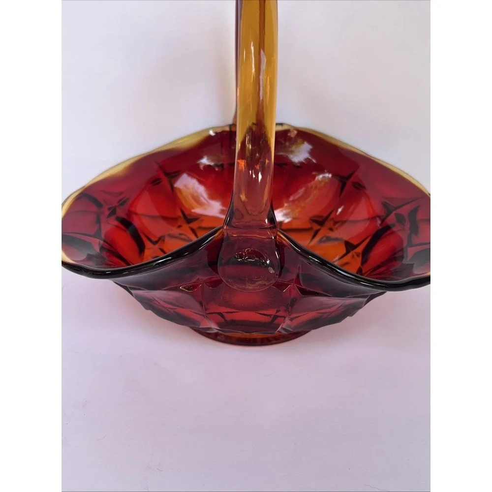 VTG Amberina Glass Basket sunset signed JD artist Jim Dunlavy Red Yellow GLOWS