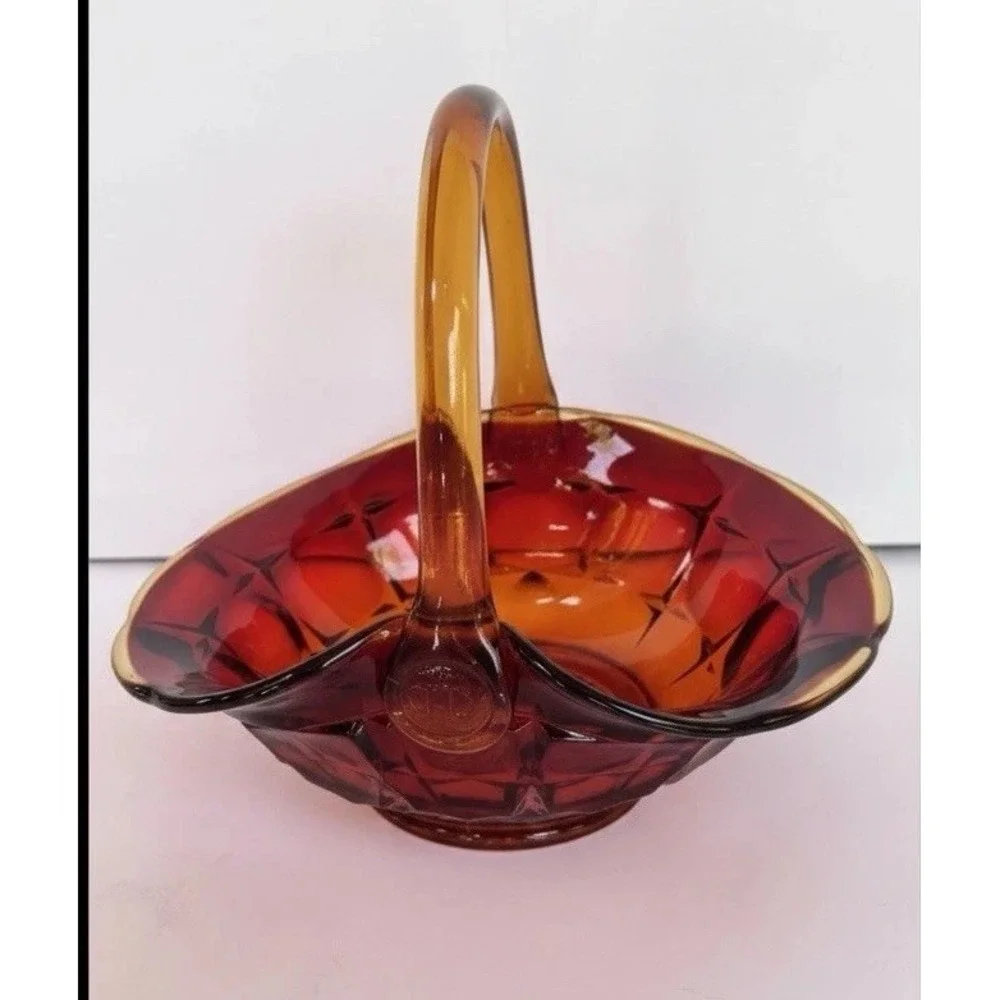 VTG Amberina Glass Basket sunset signed JD artist Jim Dunlavy Red Yellow GLOWS
