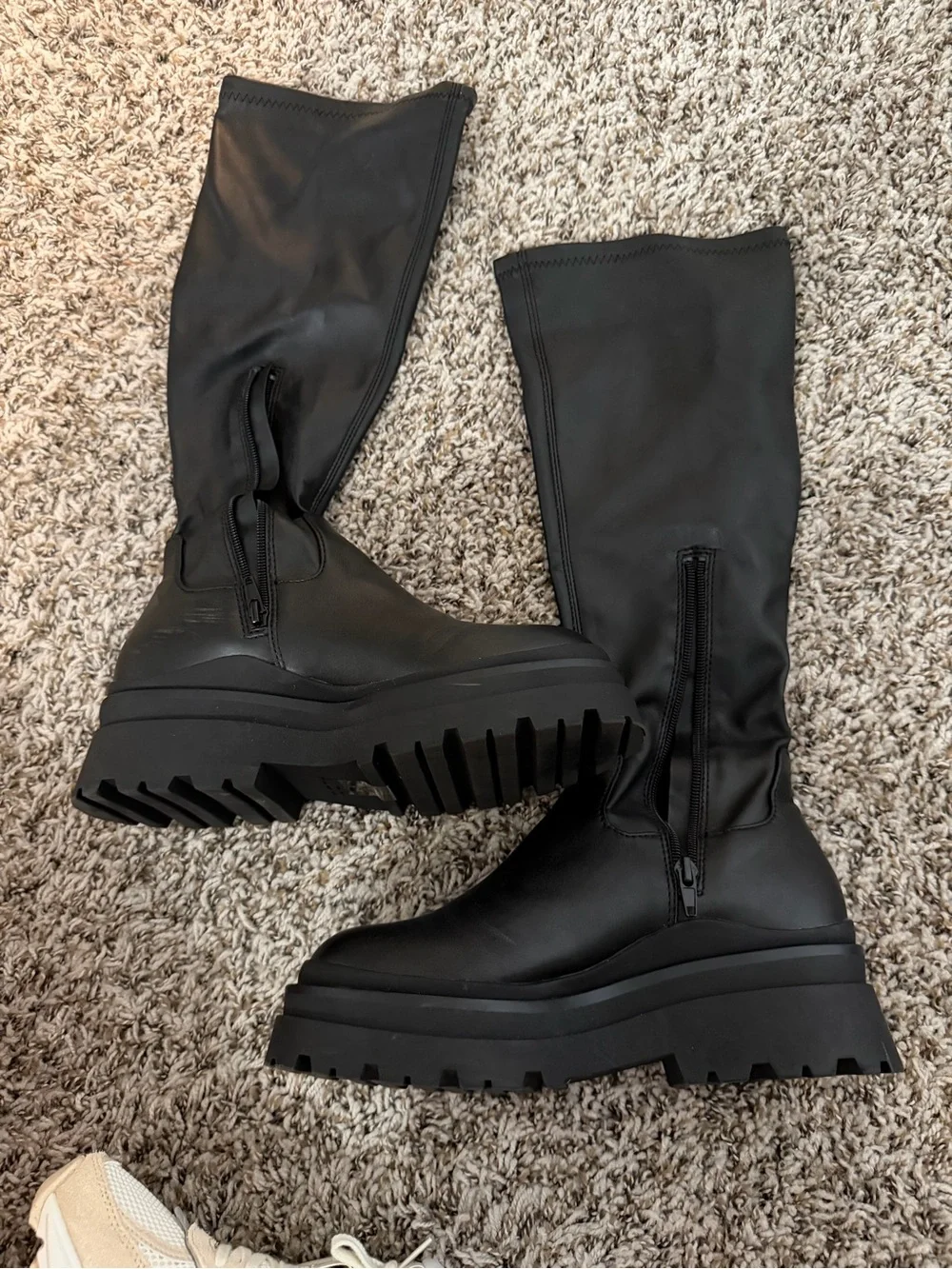 Platform Lug-Sole Knee Boot - Black