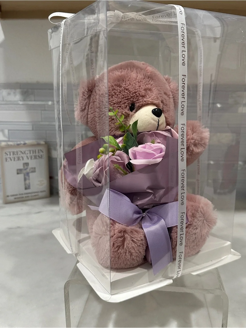 Plush Teddy Bear with Silk Flower Bouquet – New Sealed