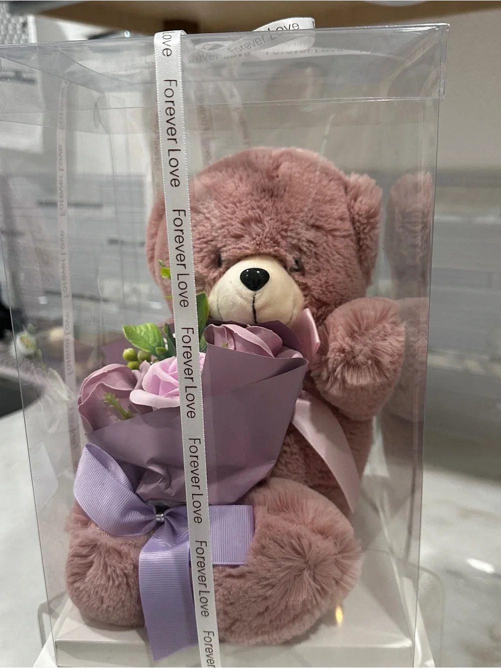 Plush Teddy Bear with Silk Flower Bouquet – New Sealed