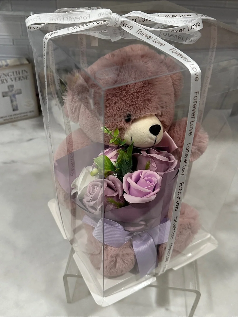 Plush Teddy Bear with Silk Flower Bouquet – New Sealed