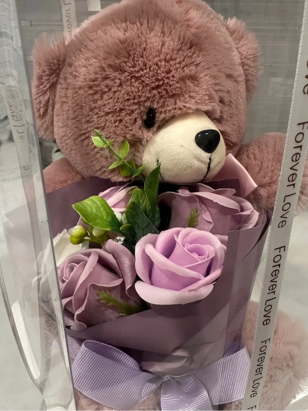 Plush Teddy Bear with Silk Flower Bouquet – New Sealed