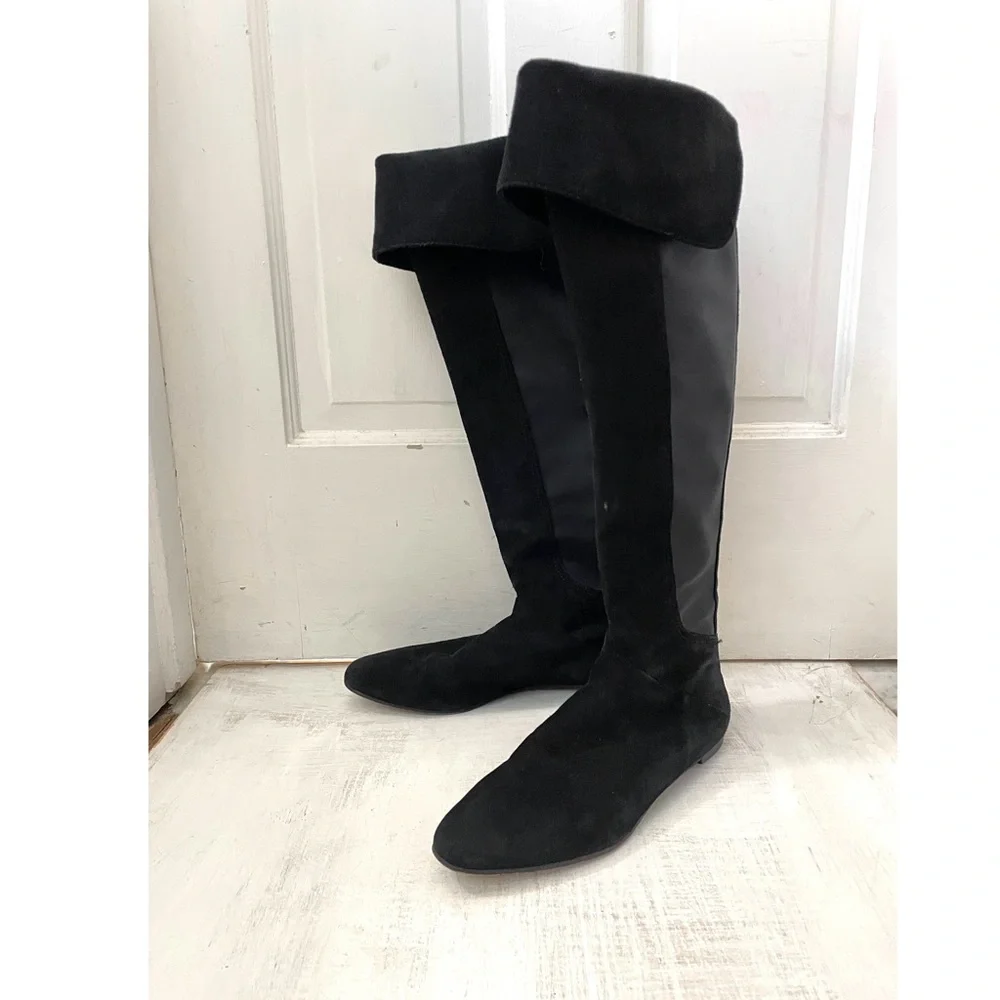 Tory Burch Black Suede Leather Knee-High Riding Boots Fold Over Size 9M