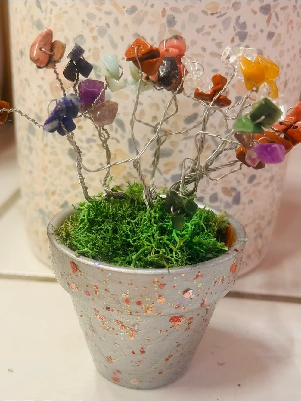 Handmade Multicolor Gemstone Wire Tree in Silver Planter - Home Accents