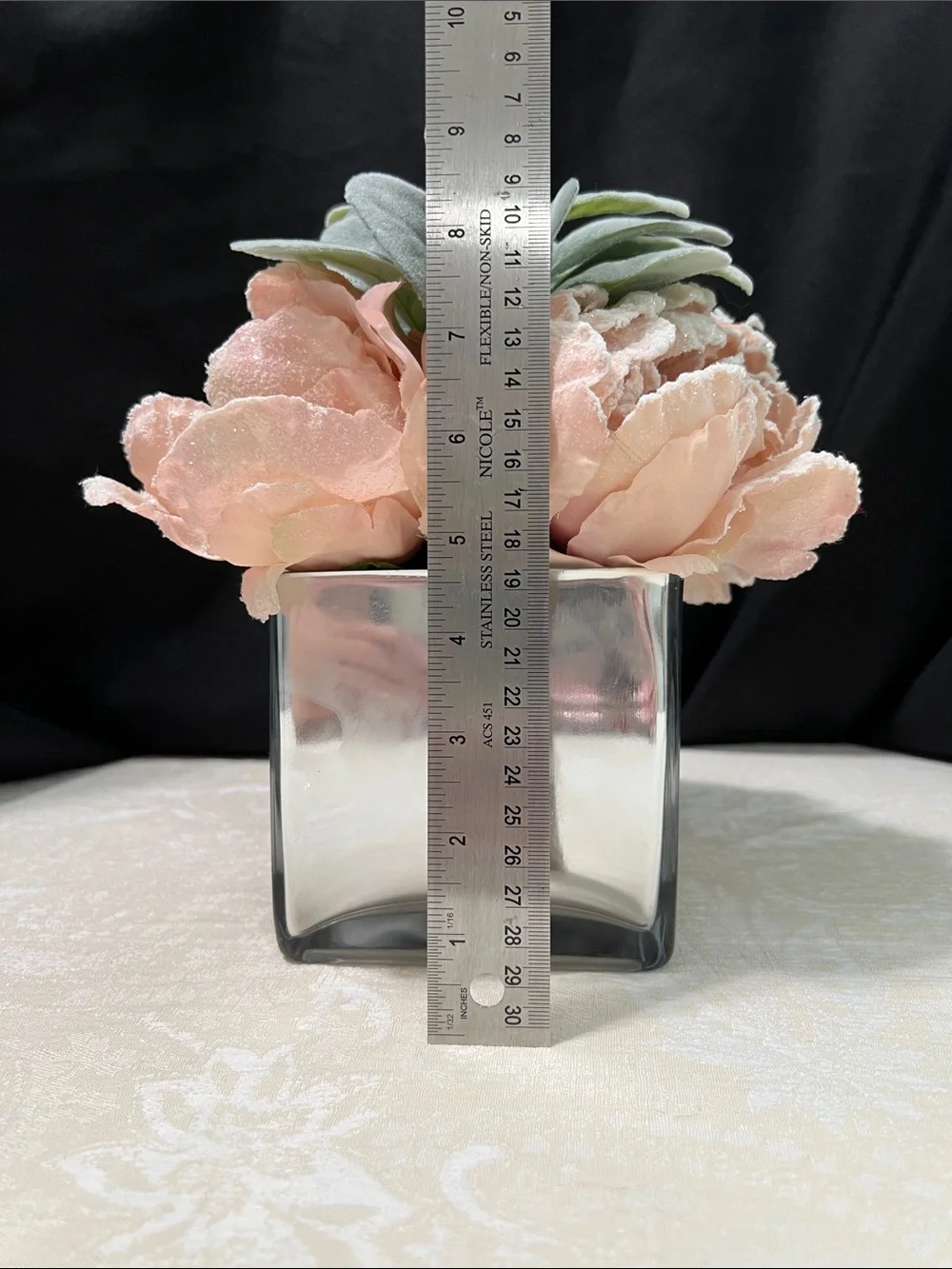 Source Unknown Peach Peony Faux Floral with Silvery Green Foliage in Clear Vase