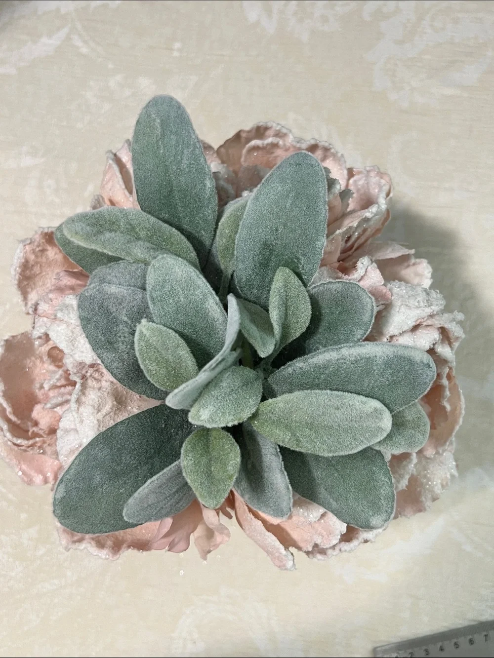 Source Unknown Peach Peony Faux Floral with Silvery Green Foliage in Clear Vase