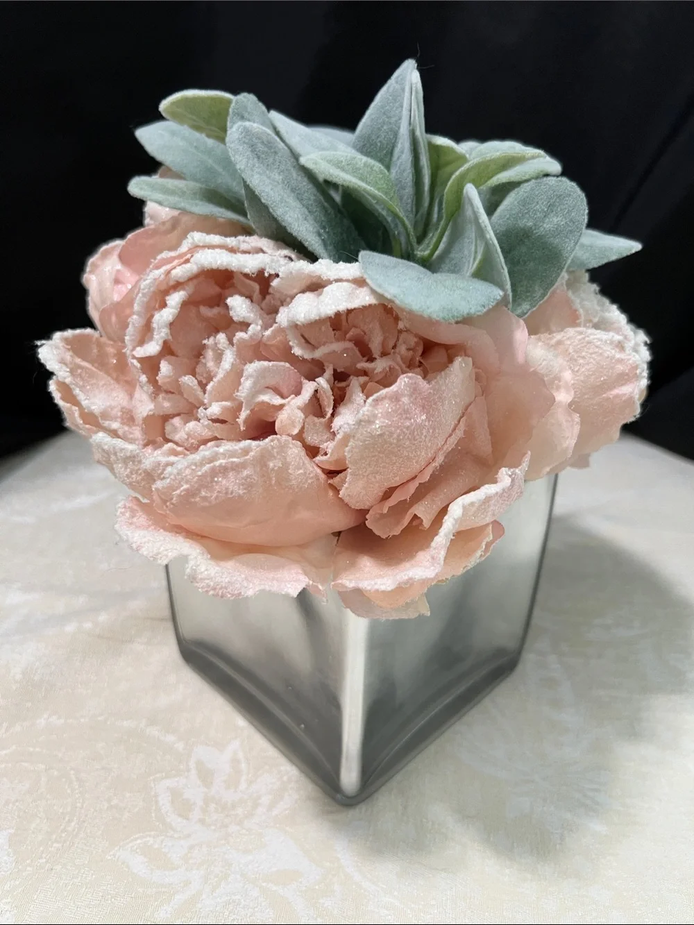 Source Unknown Peach Peony Faux Floral with Silvery Green Foliage in Clear Vase