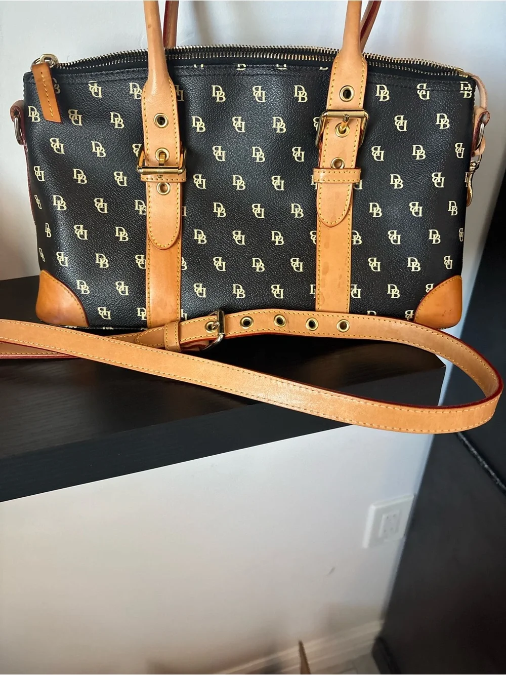 Dooney & Bourke Black Logo Messenger with Tan Leather Trim