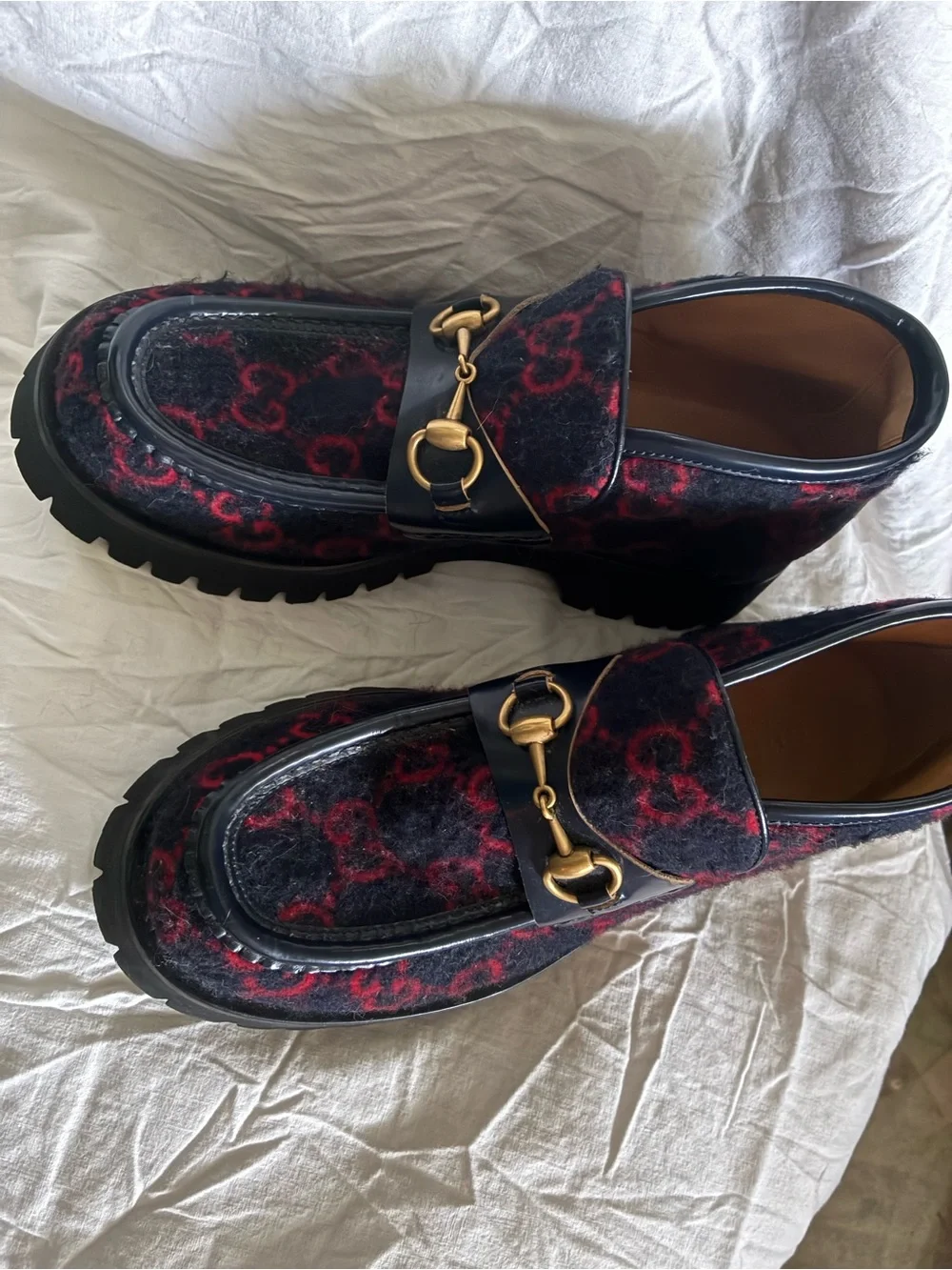 Gucci horsebit Navy & Red GG wool with black leather trim, Lug sole Boots/loafer