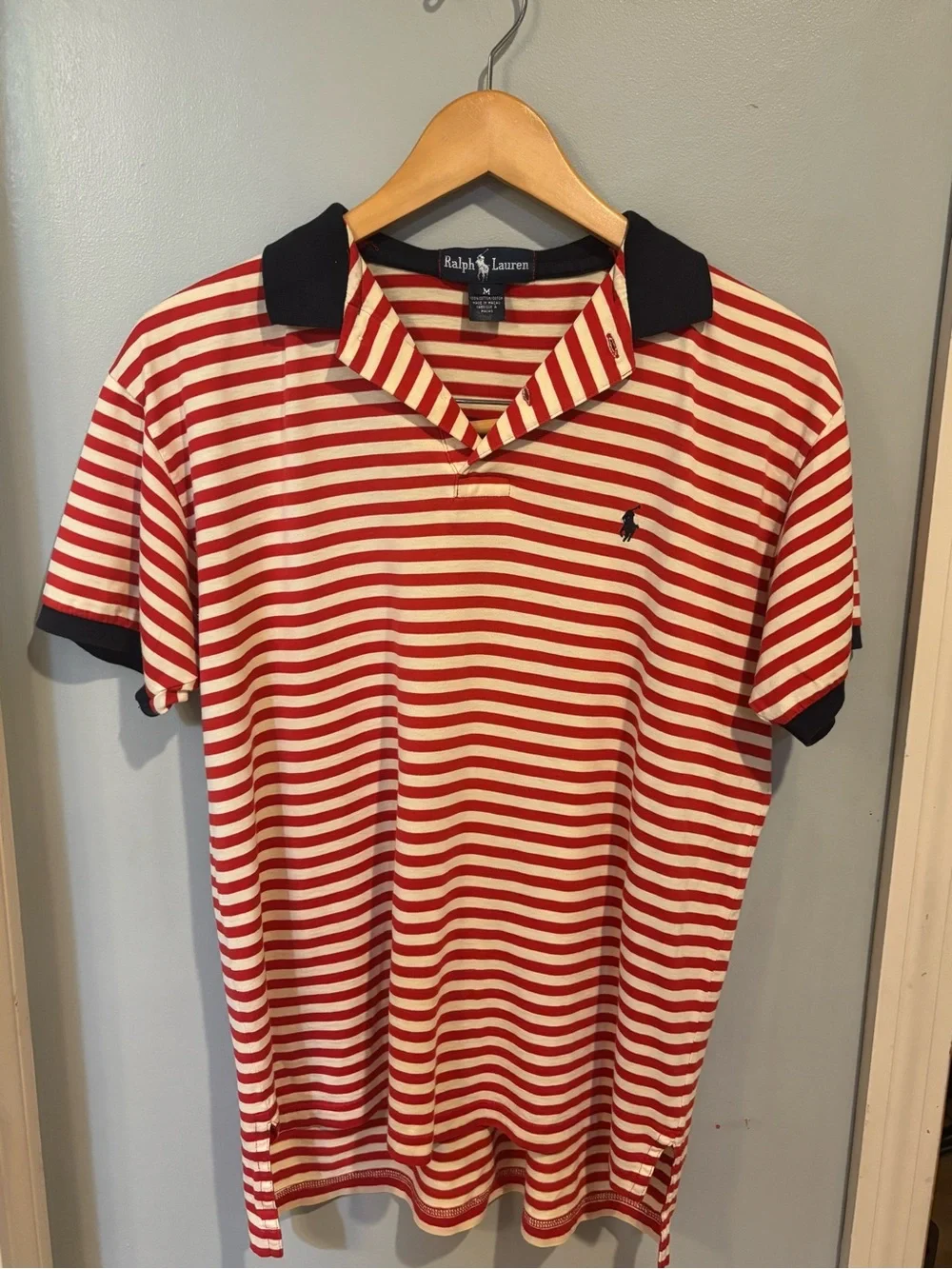 Ralph Lauren Men’s M Red & Cream Striped Polo | Navy Collar | Heritage Prep