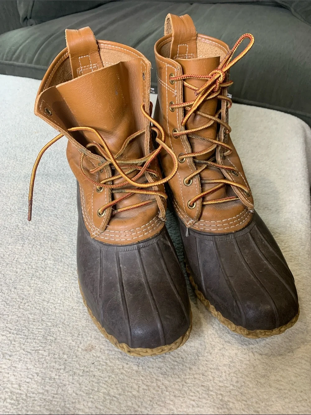 LL Bean Men's Tan and Dark Brown Waterproof Lace-Up Duck Boots