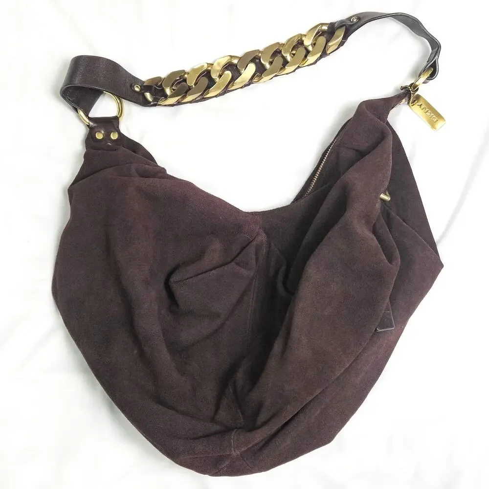 DKNY Slouchy Hobo Bag Brown Suede Chain Strap Y2K Boho Luxe
