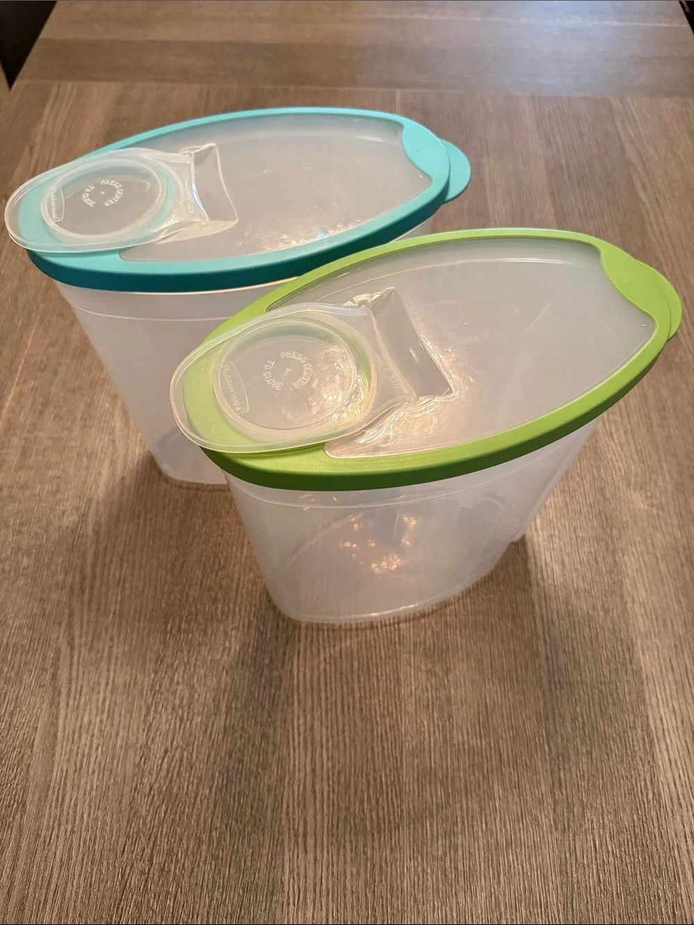 Rubbermaid Clear Dry Food Canisters with Green and Blue Flip Lids