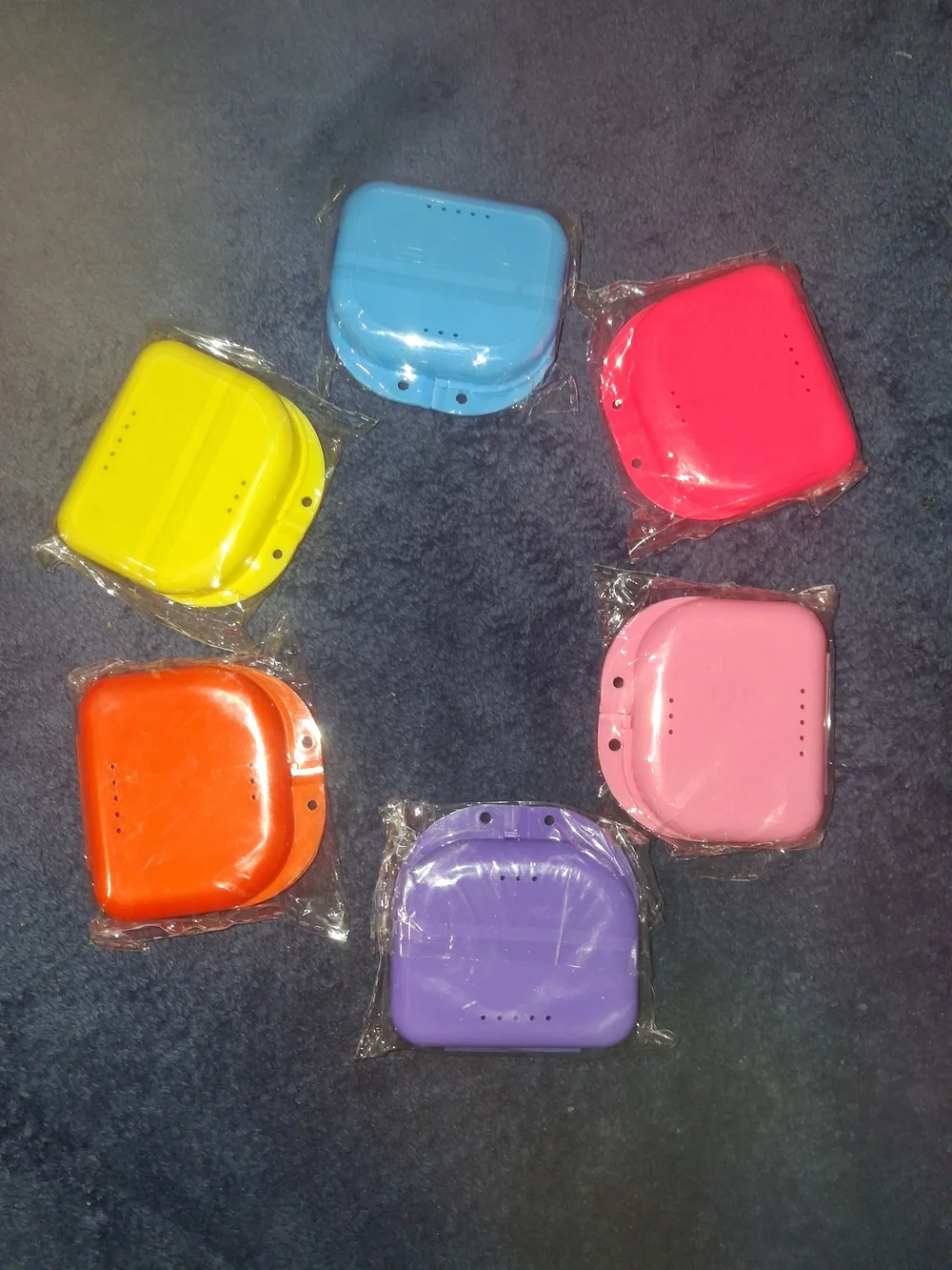 Lot of 6 Vented Plastic Retainer/Denture Cases, Assorted Colors, Ortho/Dental